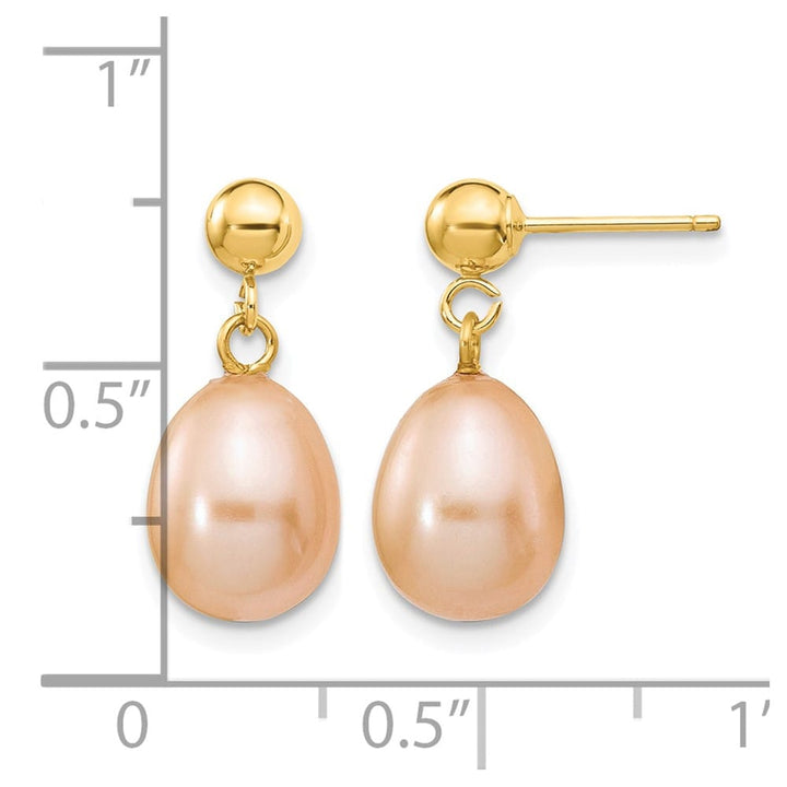 14K Yellow Gold 8-9mm Pink Rice Freshwater Pearl Dangle Post Earrings
