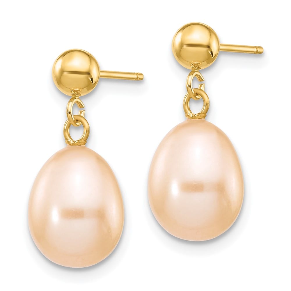 14K Yellow Gold 8-9mm Pink Rice Freshwater Pearl Dangle Post Earrings