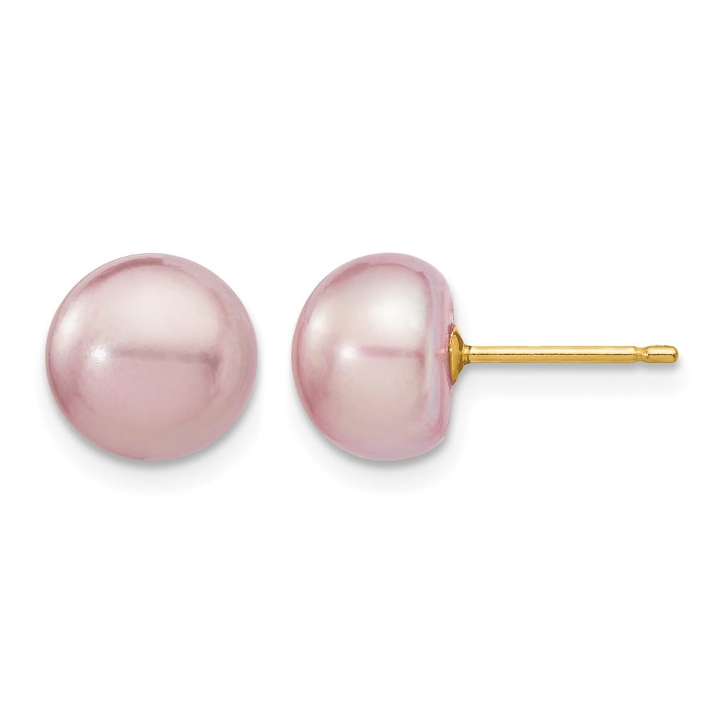 14K Yellow Gold 8-9mm Purple Button Freshwater Pearl Stud Earrings