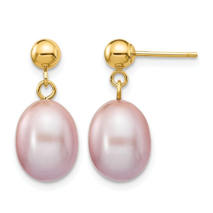 14K Yellow Gold 8-9mm Purple Rice Freshwater Pearl Dangle Earrings