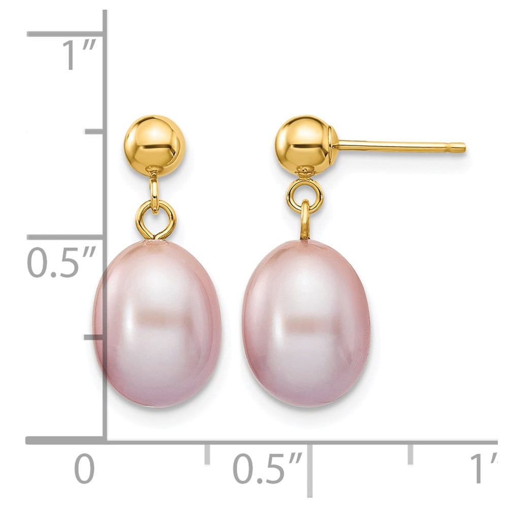 14K Yellow Gold 8-9mm Purple Rice Freshwater Pearl Dangle Earrings