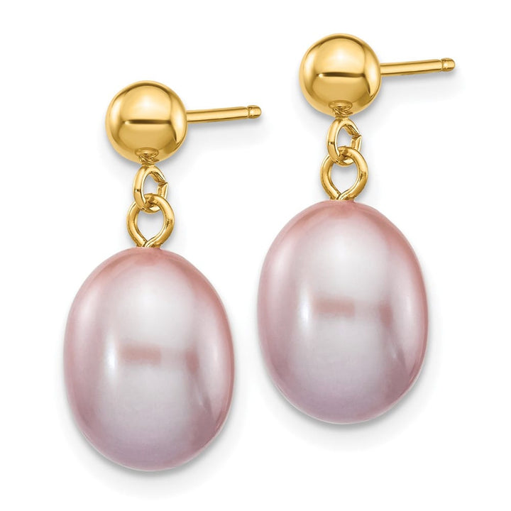 14K Yellow Gold 8-9mm Purple Rice Freshwater Pearl Dangle Earrings