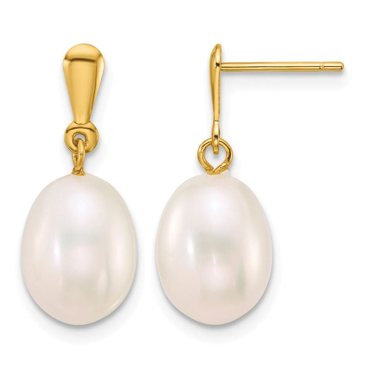 14K Yellow Gold 8-9mm Rice White Freshwater Pearl Dangle Post Earrings