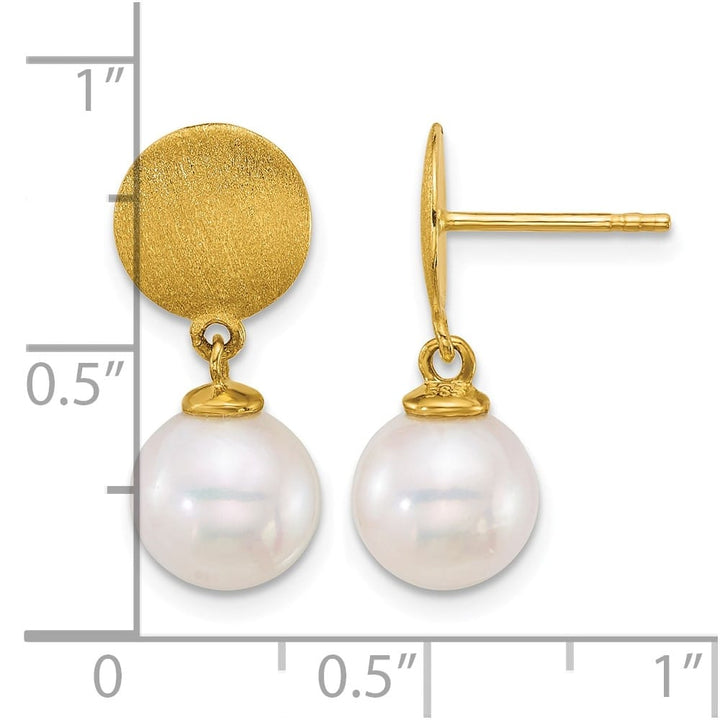 14K Yellow Gold 8-9mm Round White Saltwater Pearl Dangle Post Earrings, view 3 of 3