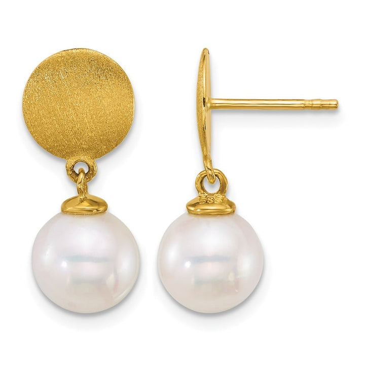 14K Yellow Gold 8-9mm Round White Saltwater Pearl Dangle Post Earrings, view 1 of 3