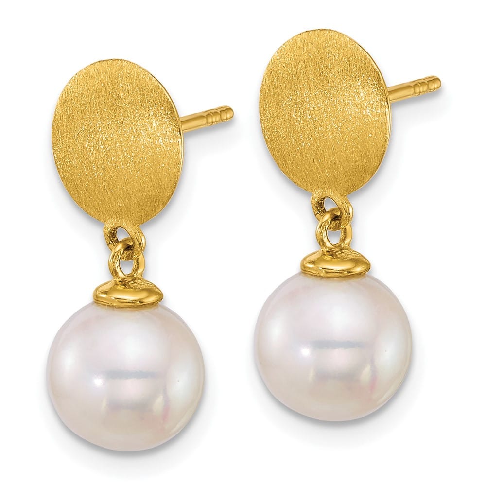 14K Yellow Gold 8-9mm Round White Saltwater Pearl Dangle Post Earrings, view 2 of 3