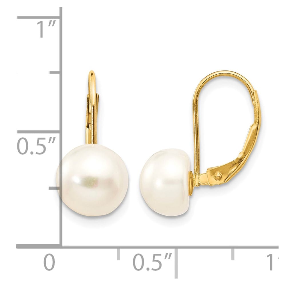 14K Yellow Gold 8-9mm White Button Freshwater Pearl Leverback Earrings