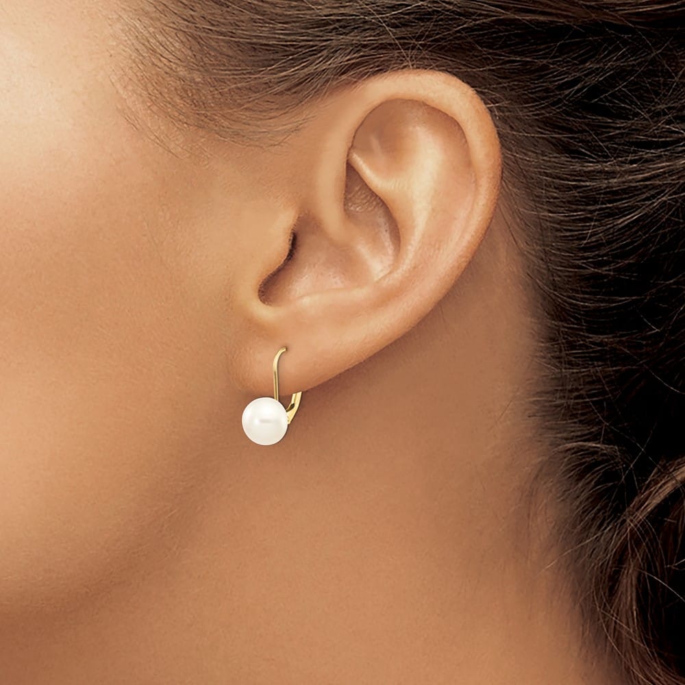 14K Yellow Gold 8-9mm White Button Freshwater Pearl Leverback Earrings