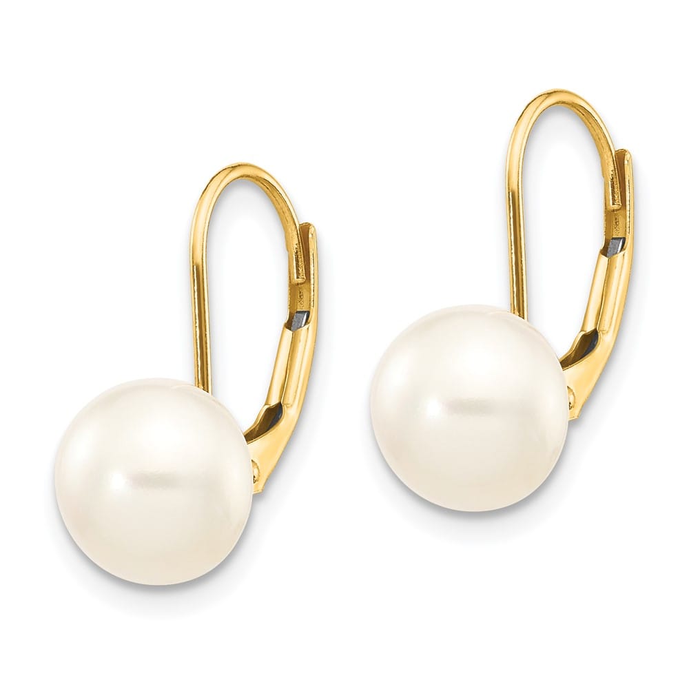 14K Yellow Gold 8-9mm White Button Freshwater Pearl Leverback Earrings