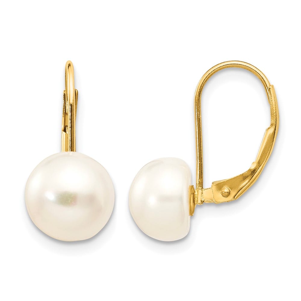 14K Yellow Gold 8-9mm White Button Freshwater Pearl Leverback Earrings