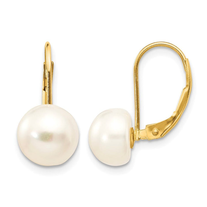 14K Yellow Gold 8-9mm White Button Freshwater Pearl Leverback Earrings
