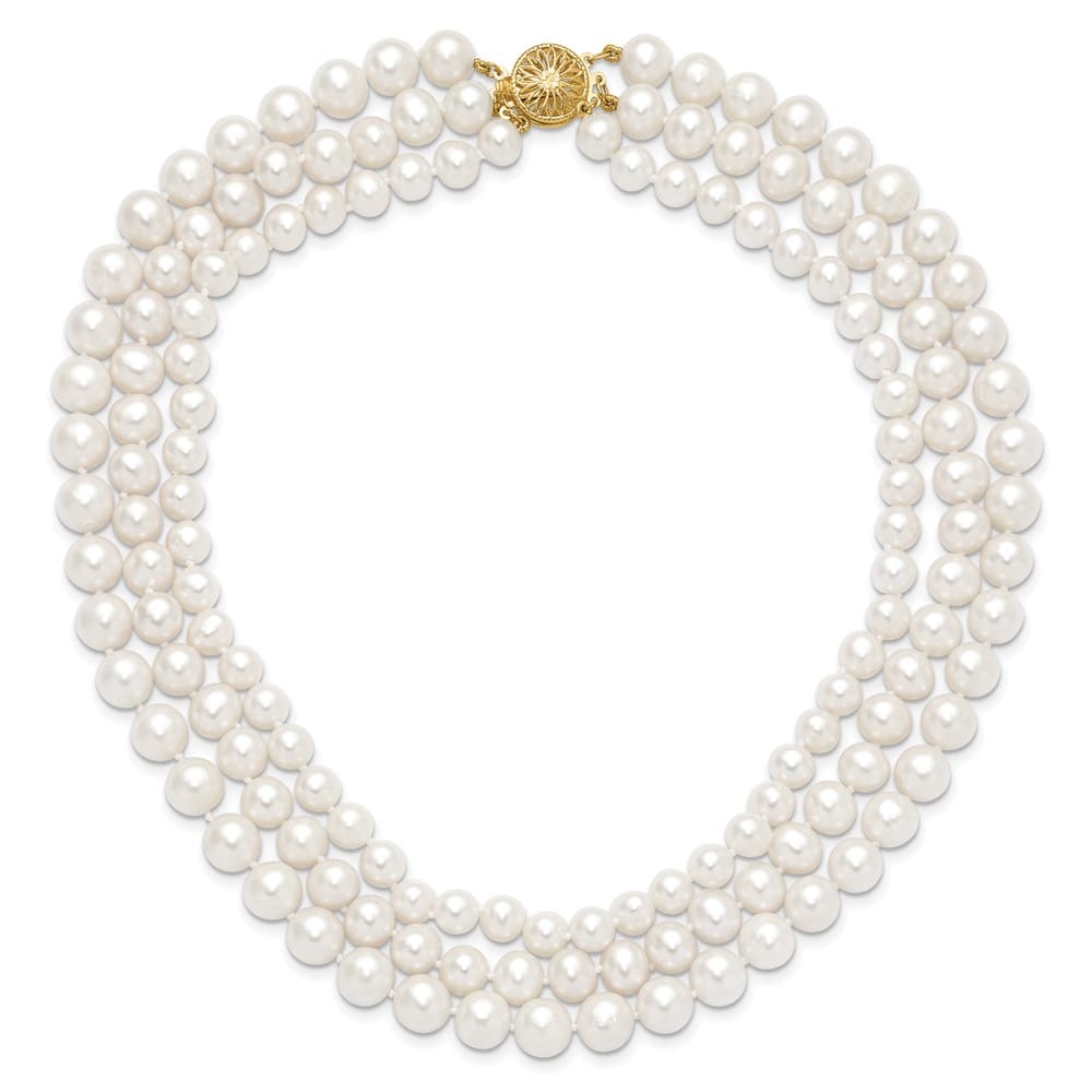 14K Yellow Gold 8-9mm White Cultured Pearl 3-Strand 16 inch Necklace