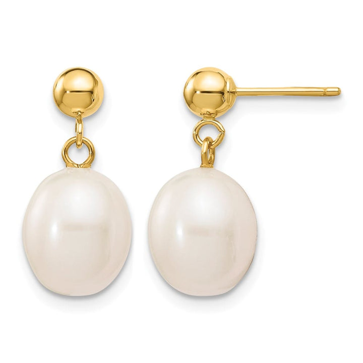 14K Yellow Gold 8-9mm White Rice Freshwater Pearl Post Dangle Earrings