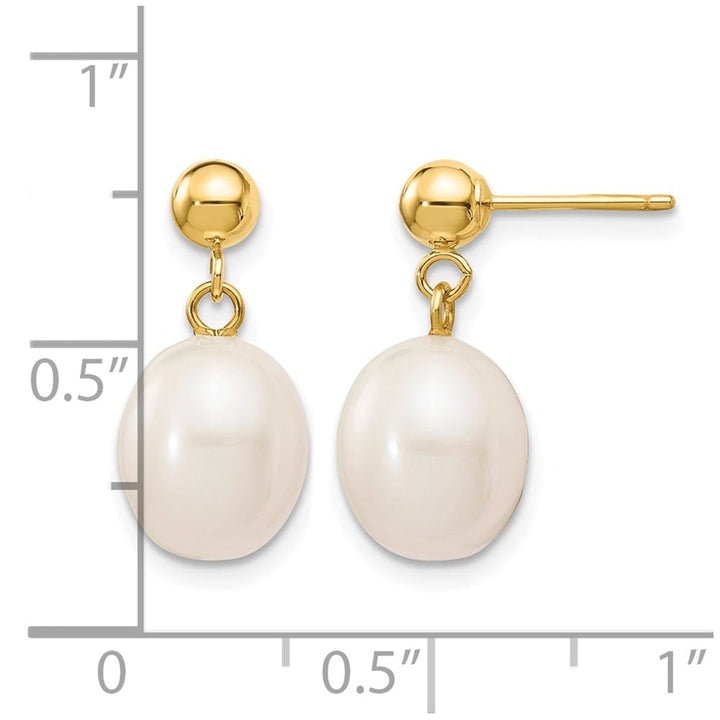 14K Yellow Gold 8-9mm White Rice Freshwater Pearl Post Dangle Earrings