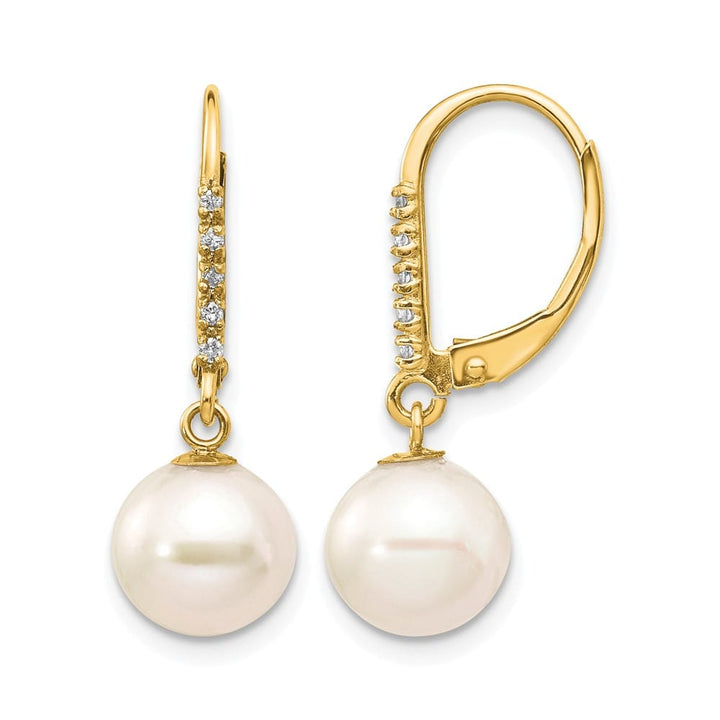 14K Yellow Gold 8-9mm White Round Freshwater Pearl and .05 Earrings