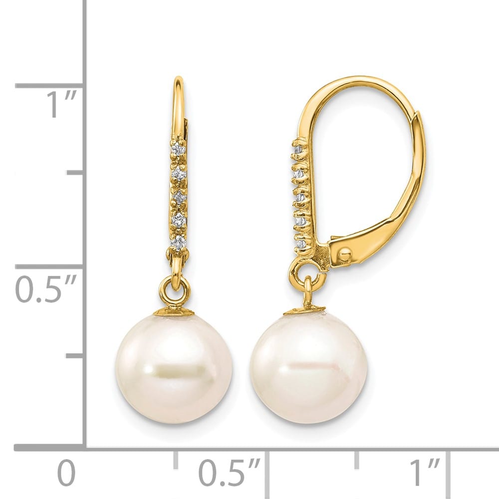 14K Yellow Gold 8-9mm White Round Freshwater Pearl and .05 Earrings