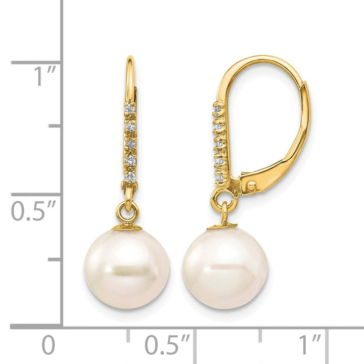 14K Yellow Gold 8-9mm White Round Freshwater Pearl and .05 Earrings