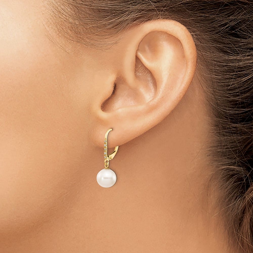 14K Yellow Gold 8-9mm White Round Freshwater Pearl and .05 Earrings