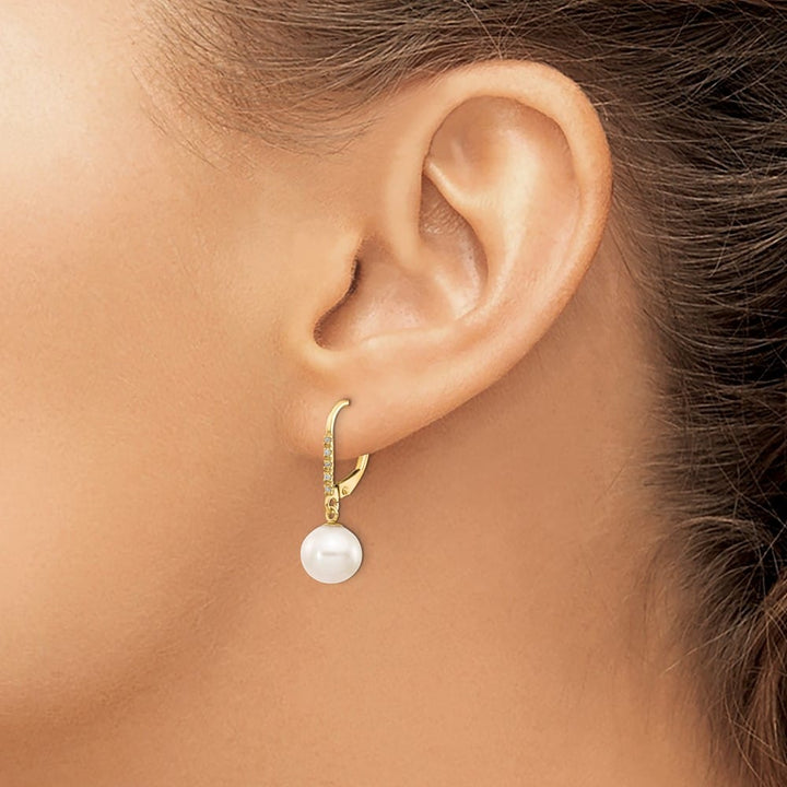 14K Yellow Gold 8-9mm White Round Freshwater Pearl and .05 Earrings