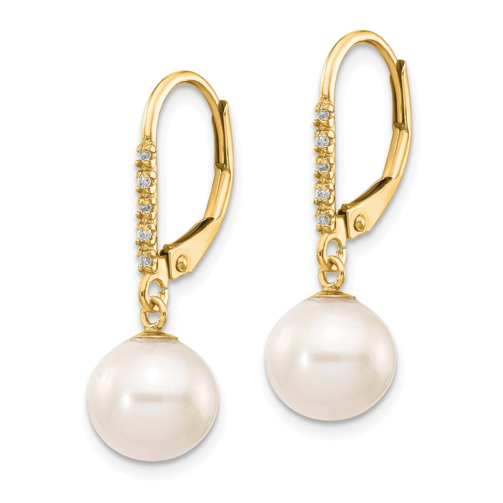 14K Yellow Gold 8-9mm White Round Freshwater Pearl and .05 Earrings