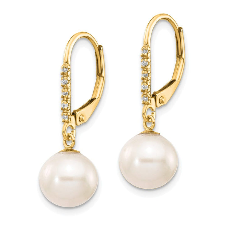 14K Yellow Gold 8-9mm White Round Freshwater Pearl and .05 Earrings