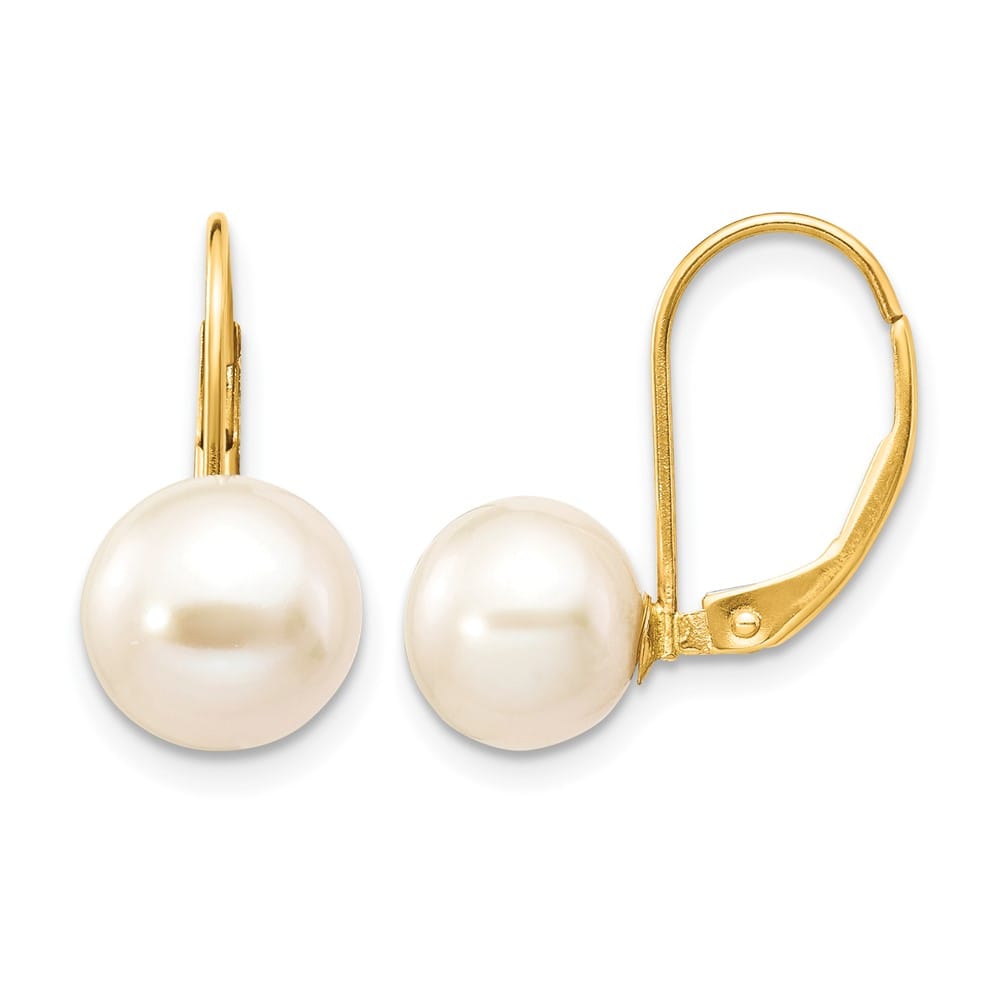 14K Yellow Gold 8-9mm White Round Freshwater Pearl Leverback Earrings