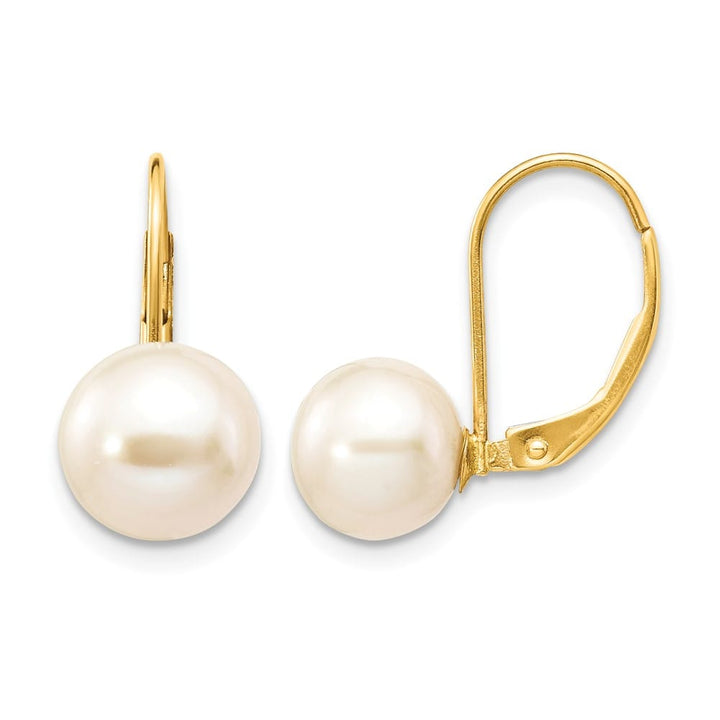 14K Yellow Gold 8-9mm White Round Freshwater Pearl Leverback Earrings