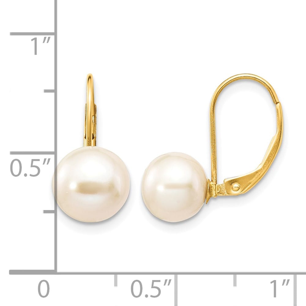 14K Yellow Gold 8-9mm White Round Freshwater Pearl Leverback Earrings