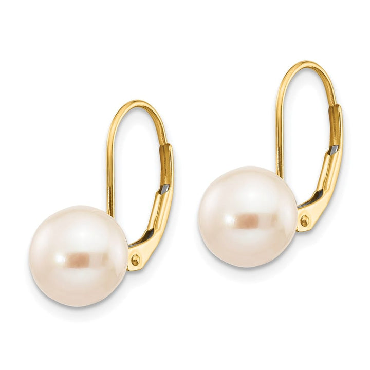 14K Yellow Gold 8-9mm White Round Freshwater Pearl Leverback Earrings