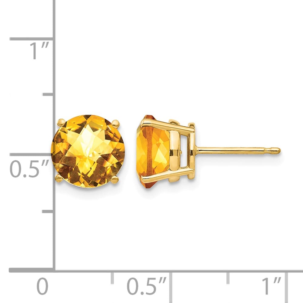 14K Yellow Gold 8mm Round Checker-cut Citrine Post Earrings, view 4 of 4