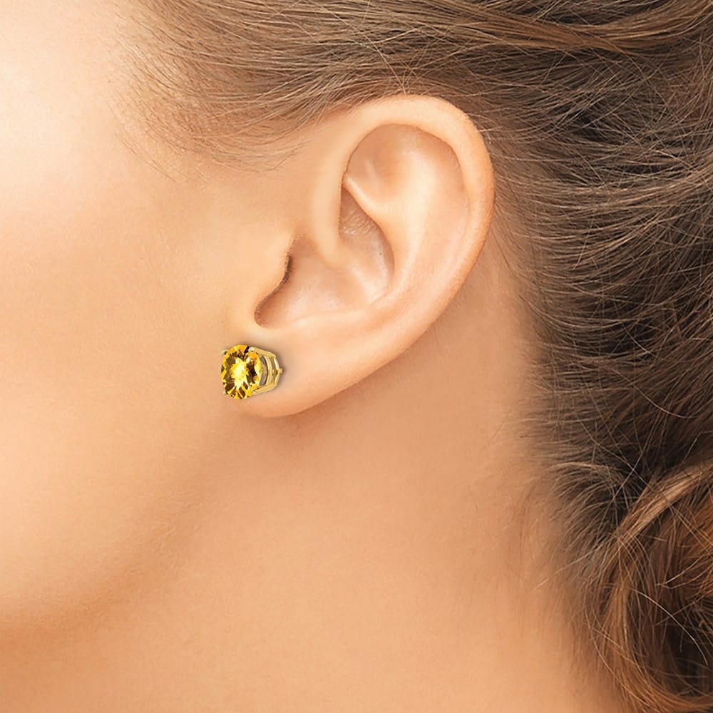 14K Yellow Gold 8mm Round Checker-cut Citrine Post Earrings, view 3 of 4