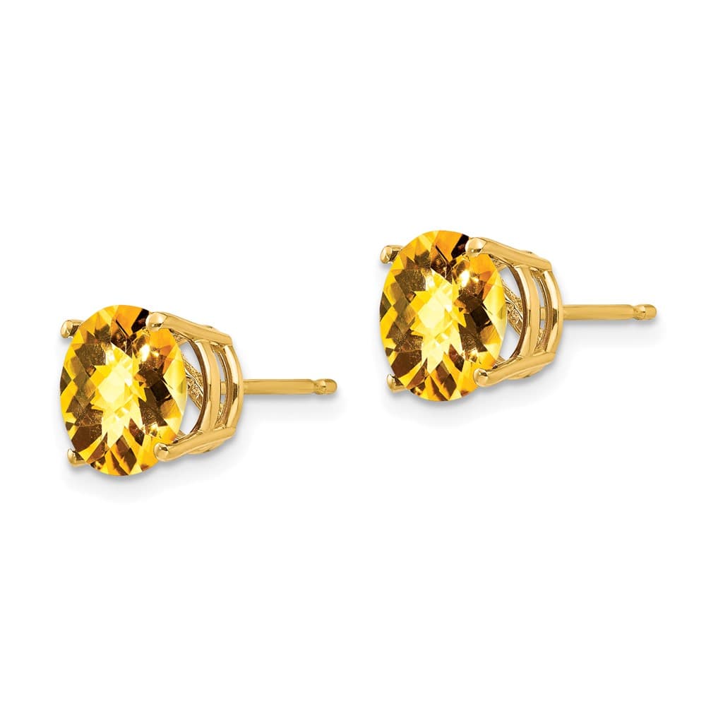 14K Yellow Gold 8mm Round Checker-cut Citrine Post Earrings, view 2 of 4