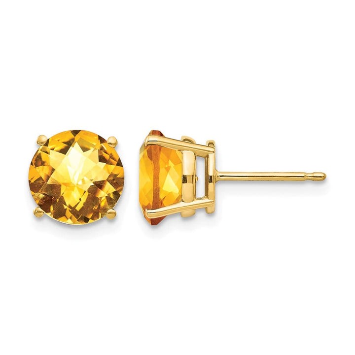 14K Yellow Gold 8mm Round Checker-cut Citrine Post Earrings, view 1 of 4