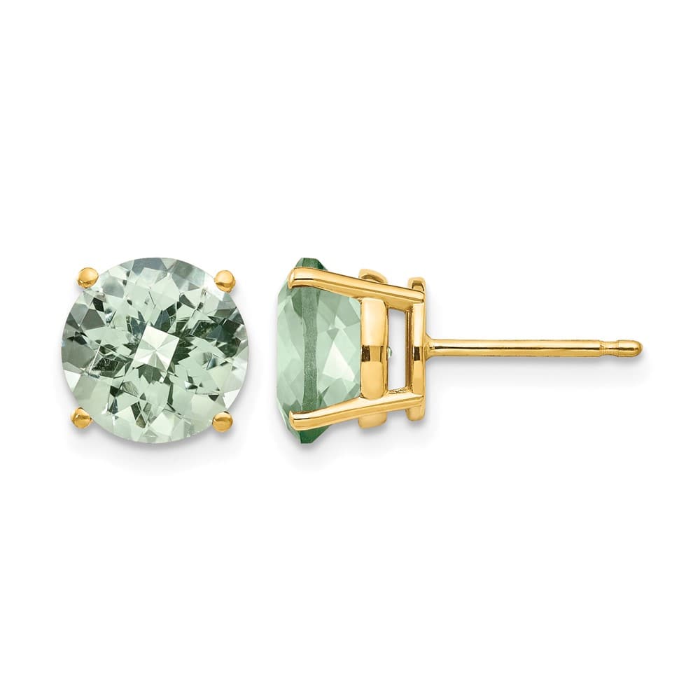 14K Yellow Gold 8mm Round Checker-Cut Green Quartz Post Earrings, view 1 of 4