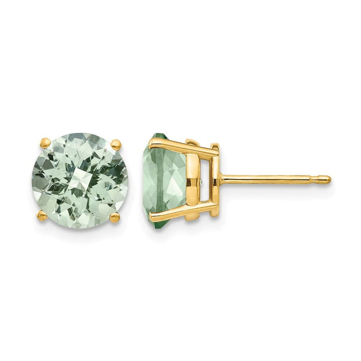 14K Yellow Gold 8mm Round Checker-Cut Green Quartz Post Earrings, view 1 of 4