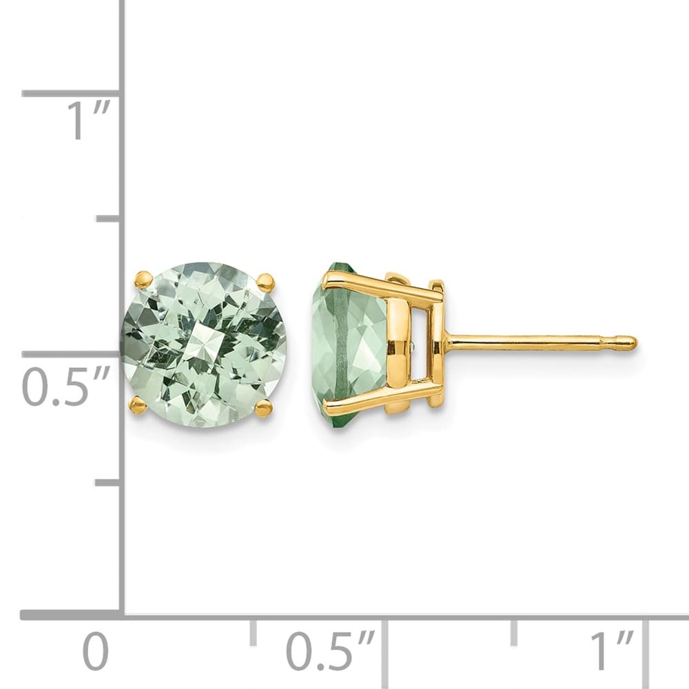 14K Yellow Gold 8mm Round Checker-Cut Green Quartz Post Earrings, view 4 of 4