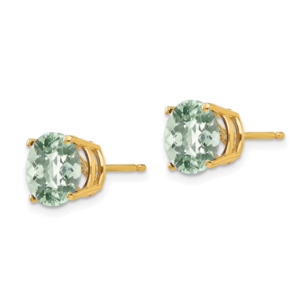 14K Yellow Gold 8mm Round Checker-Cut Green Quartz Post Earrings, view 2 of 4