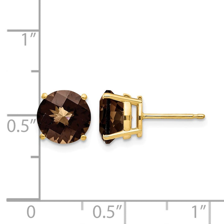 14K Yellow Gold 8mm Round Checker-Cut Smoky Quartz Post Earrings, view 4 of 4