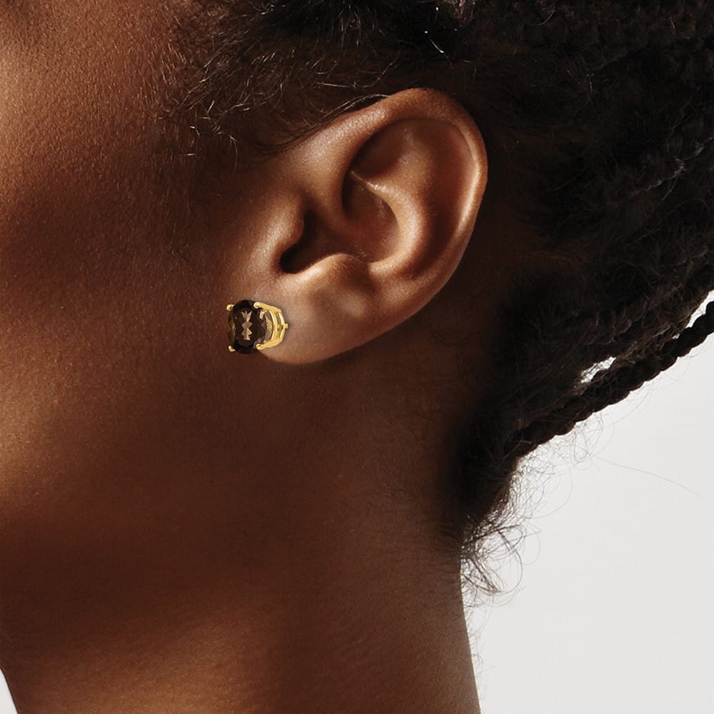 14K Yellow Gold 8mm Round Checker-Cut Smoky Quartz Post Earrings, view 3 of 4