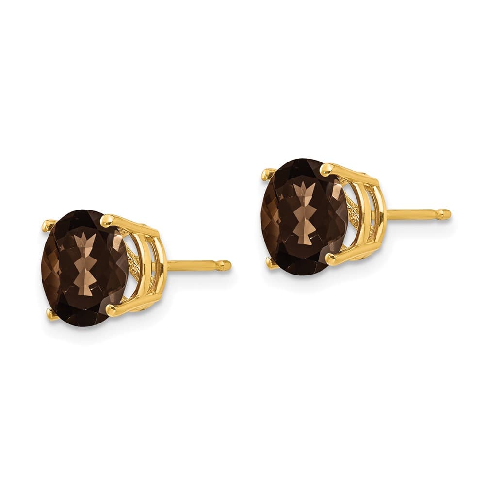 14K Yellow Gold 8mm Round Checker-Cut Smoky Quartz Post Earrings, view 2 of 4