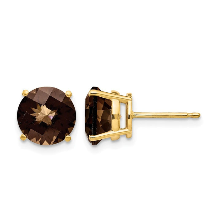 14K Yellow Gold 8mm Round Checker-Cut Smoky Quartz Post Earrings, view 1 of 4
