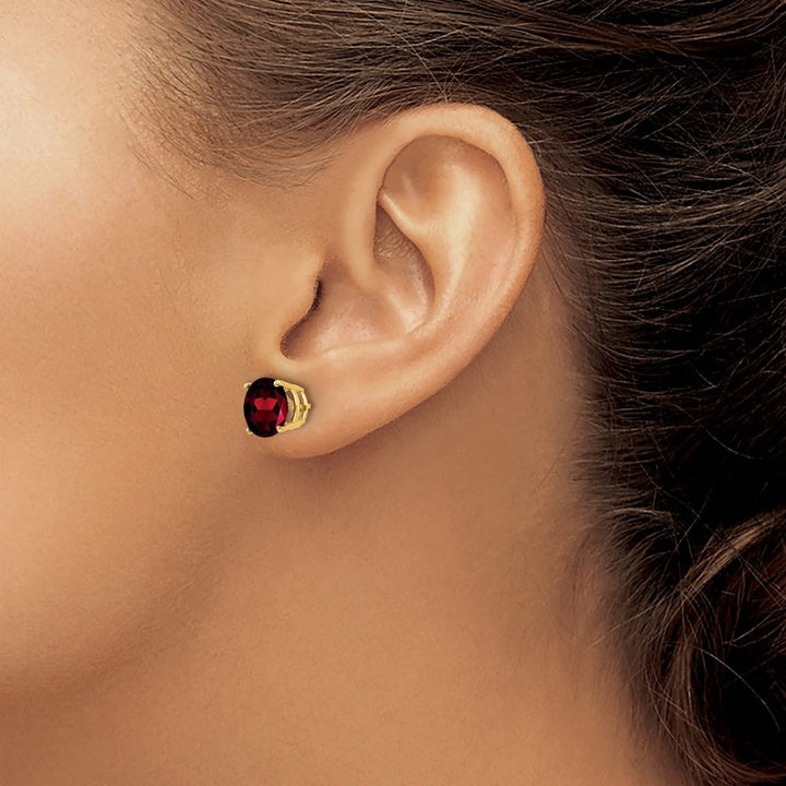 14K Yellow Gold 8mm Round Garnet Post Earrings, view 3 of 4