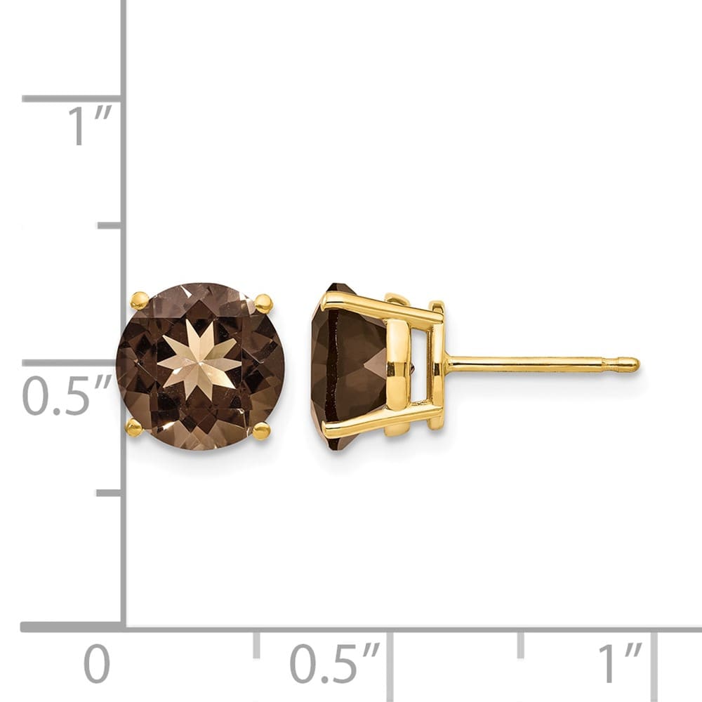14K Yellow Gold 8mm Round Smoky Quartz Post Earrings, view 4 of 4