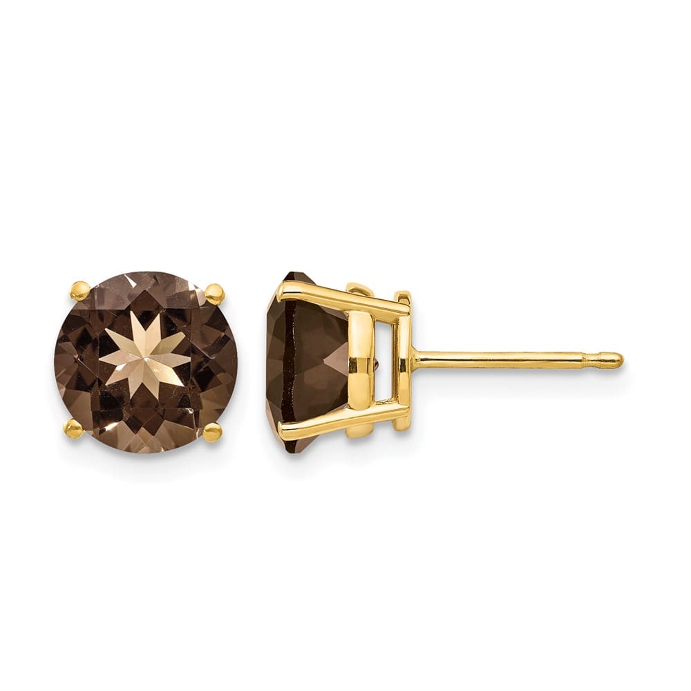 14K Yellow Gold 8mm Round Smoky Quartz Post Earrings, view 1 of 4