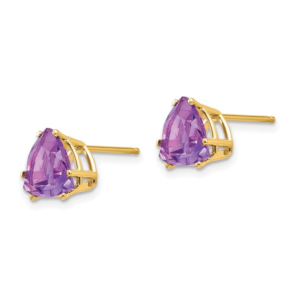 14K Yellow Gold 8mm Trillion Amethyst Post Earrings, view 2 of 4