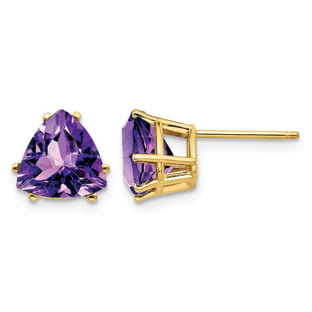 14K Yellow Gold 8mm Trillion Amethyst Post Earrings, view 1 of 4
