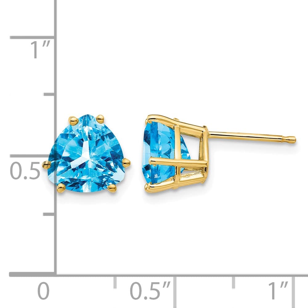 14K Yellow Gold 8mm Trillion Blue Topaz Post Earrings, view 4 of 4