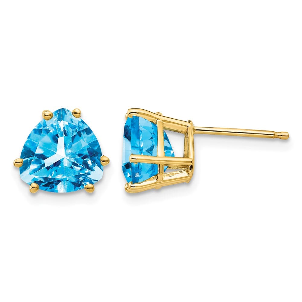 14K Yellow Gold 8mm Trillion Blue Topaz Post Earrings, view 1 of 4