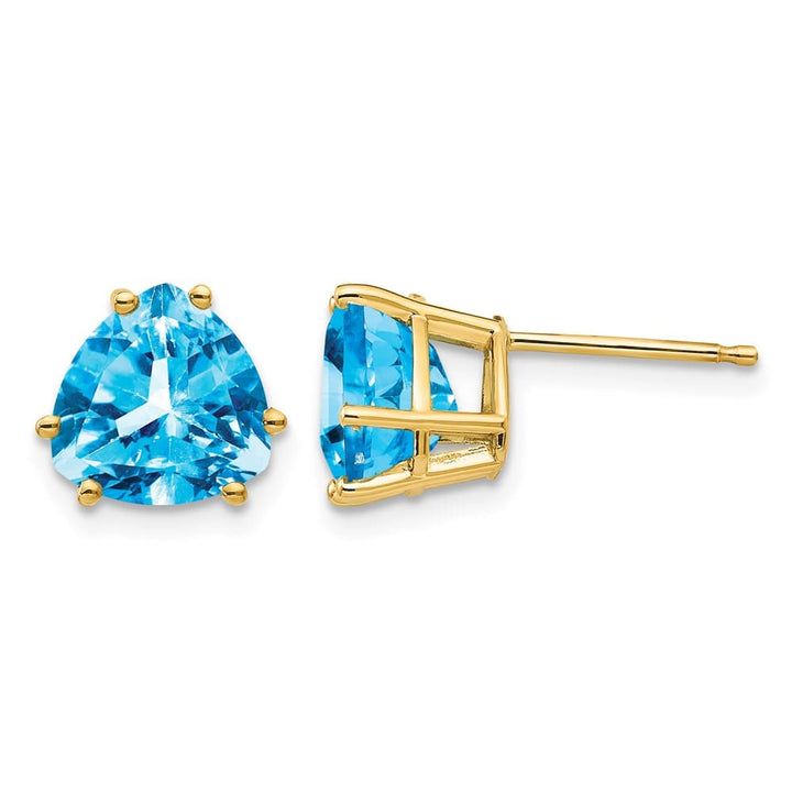 14K Yellow Gold 8mm Trillion Blue Topaz Post Earrings, view 1 of 4
