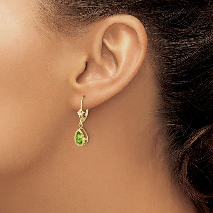 14K Yellow Gold 8x5mm Pear Bezel Leverback Dangle Earrings, view 11 of 20